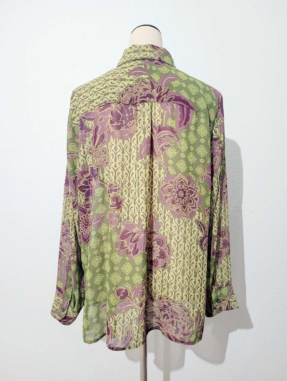 Evan-Picone Woman Size1X Floral Button Front Blouse Green Purple Boho Career Top - Picture 5 of 12